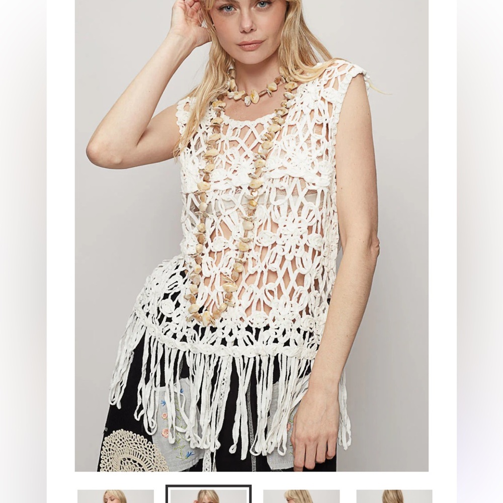 POL White Crochet Fringe Top